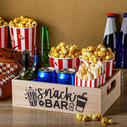 Movie Night Supplies Snack Trays with Handles Reusable Wooden Movie Gift Basket for Theater Popcorn Bucket Bowl Box Container Family Room Decor(Classic Style)