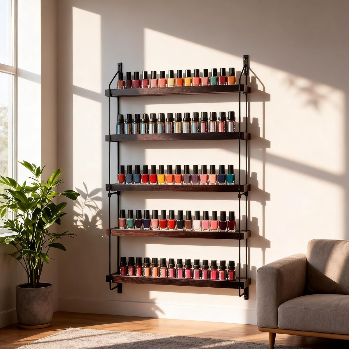 THYGIFTREE Essential Oil Storage Shelf Wall Mounted 16.9" Wooden Essential Oil Collection Display Rack Organizer 5 Tiers Holds 75 Bottles, Nail Polish Holder Paint Organizer
