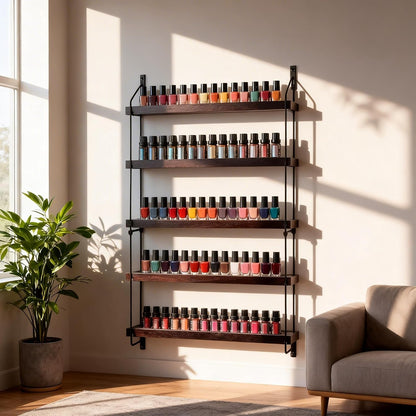 THYGIFTREE Essential Oil Storage Shelf Wall Mounted 16.9" Wooden Essential Oil Collection Display Rack Organizer 5 Tiers Holds 75 Bottles, Nail Polish Holder Paint Organizer
