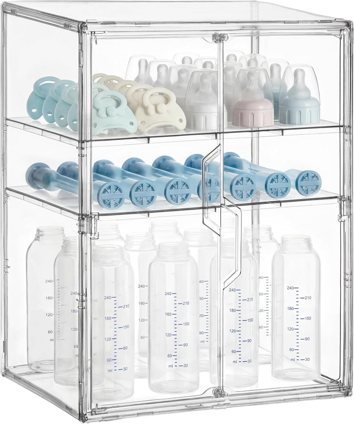 HBlife Baby Bottle Storage Organizer for Countertop Cabinet, 3 Tiers Adjustable Clear Acrylic Bottles Storage Station Case Box Container with 2 Removable Dividers and Magnetic Door, Large