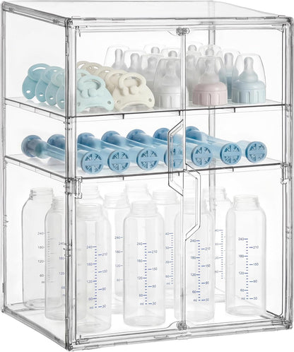 HBlife Baby Bottle Storage Organizer for Countertop Cabinet, 3 Tiers Adjustable Clear Acrylic Bottles Storage Station Case Box Container with 2 Removable Dividers and Magnetic Door, Large