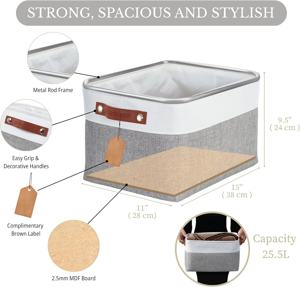 DECOMOMO Storage Bins, Large Fabric Storage Baskets for Shelves, Decorative Linen Closet Organizer, 15 x 11 x 9.5 inches (Beige & White, 3 Pack)