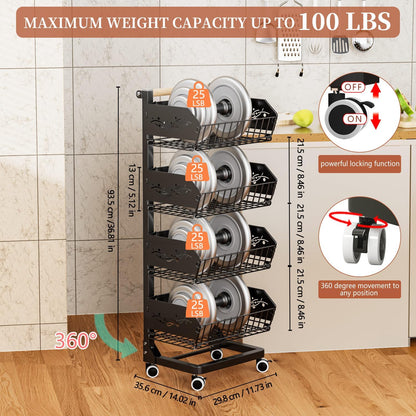 Heavy 4-Tier Snack Cart with Wheels ，Removable Rolling Pantry Floor Organizers ，Upgraded Wider and Thicker, Kitchen Fruit Basket Stand and Storage Rack for Fruit Snack Onion Potato