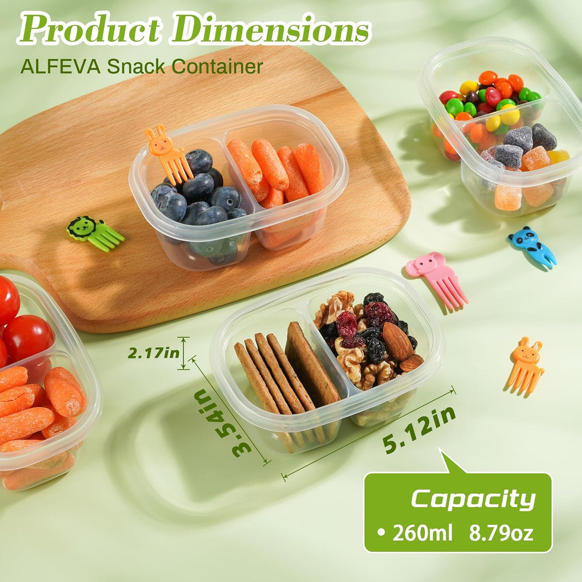 ALFEVA Reusable Snack Containers with Lids Portion control, Camping Essentials,Meal Prep Containers for Kids adults On the Go Meals, 10 Forks, Snack Pack Containers for Travel