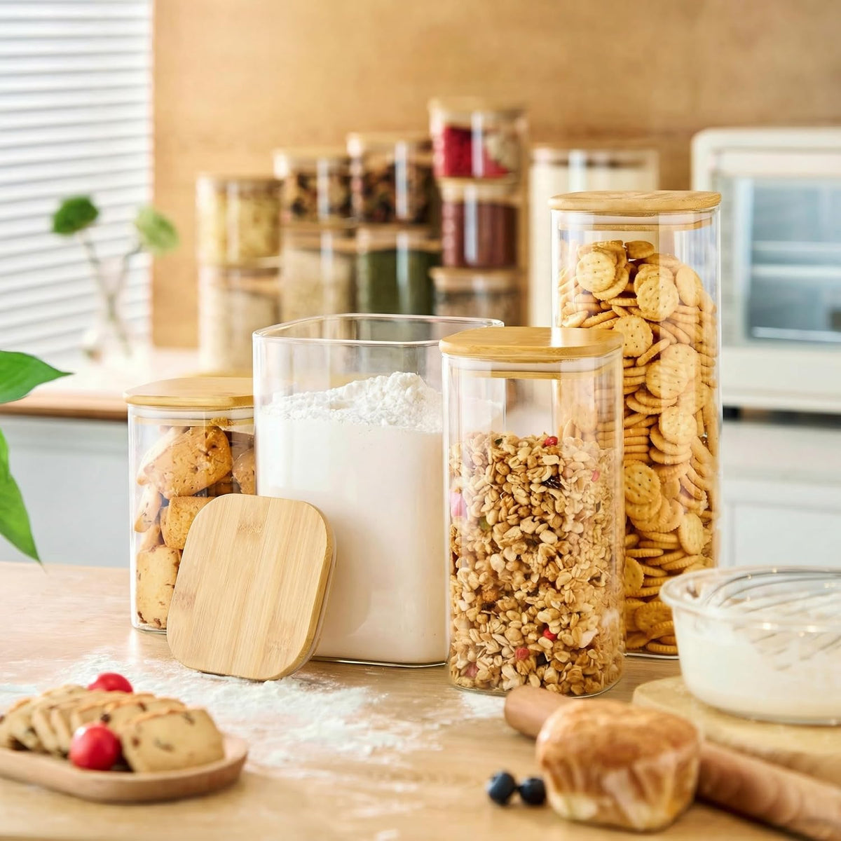 HomArtist Square Glass Jars with Bamboo Lids [Muti Size Set of 5], Glass Canisters with Airtight Lids, Glass Food Storage Containers for Pasta, Cereal, Flour, Sugar, Best for Kitchen & Pantry