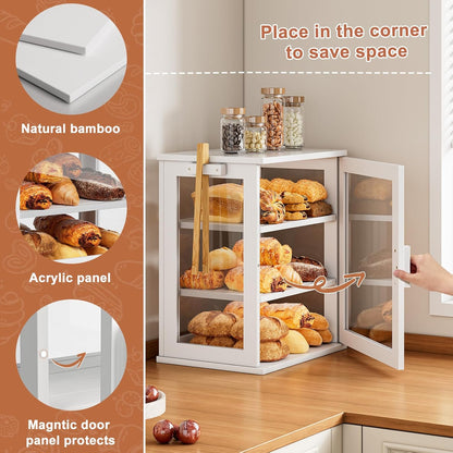 WOWLIVE Black Bread Box for Kitchen Countertop, Large 3 Layers Bread Storage Container for Homemade Bread with Window, Farmhouse Breadbox Organizer for Kitchen, Cabinet, Pantry (Black, Meduim)
