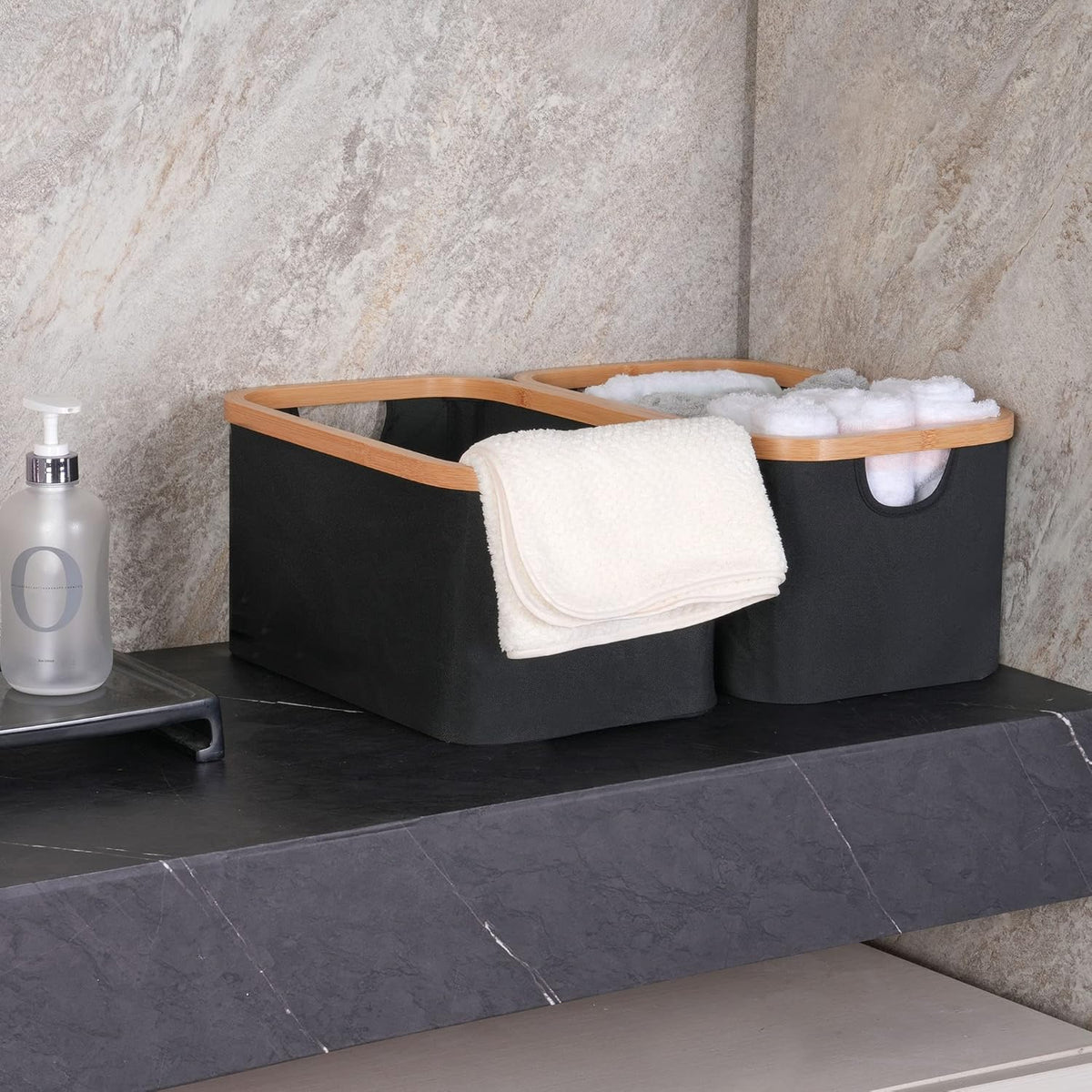 efluky Storage Baskets for Organizing, Fabric Storage Bins with Bamboo Handles, Collapsible Storage Baskets for Shelves and Closet (Black, 16.2'' x 13'' x 9.1'')