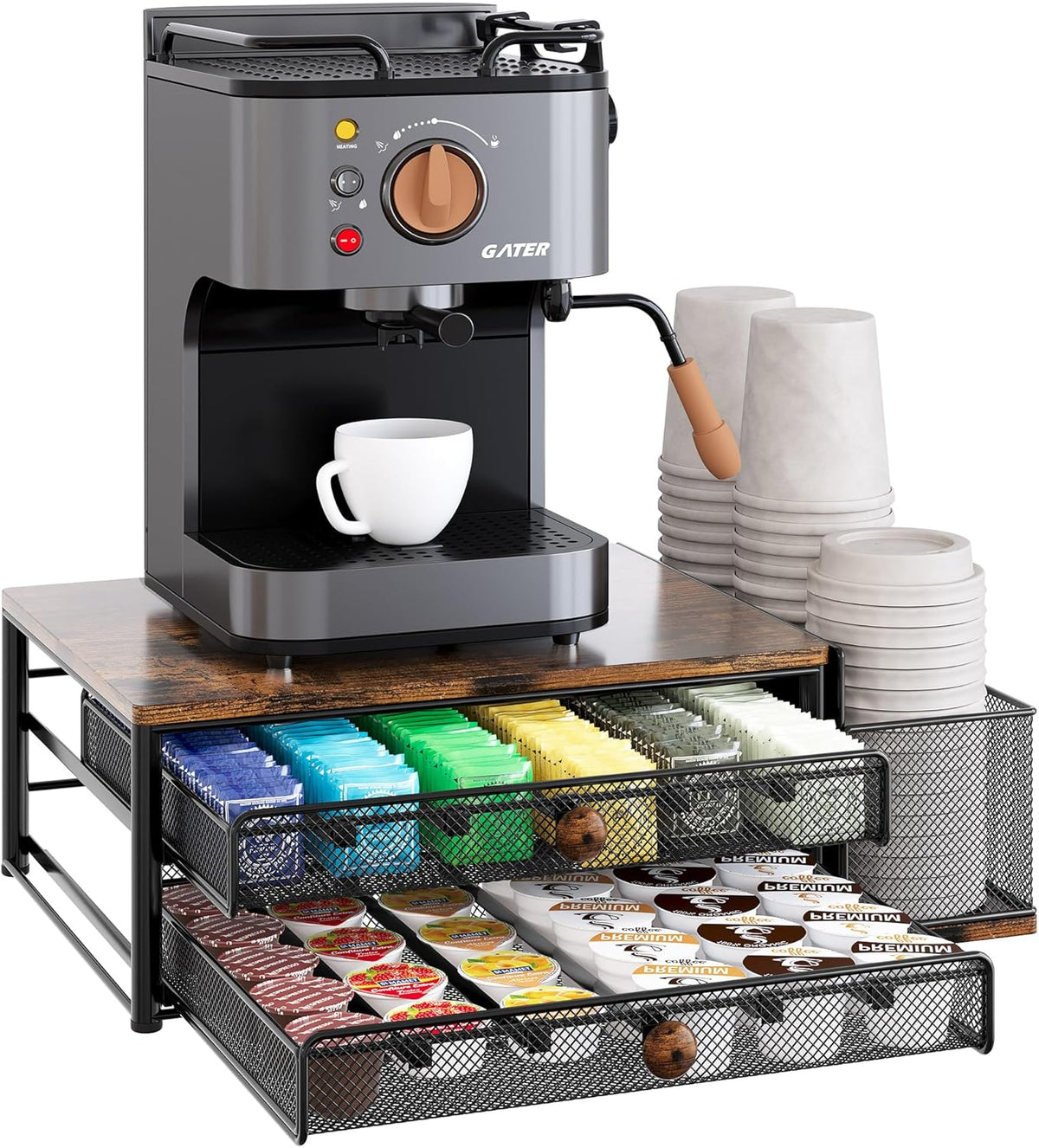 TQVAI K Cup Holder - 60 Capsule Capacity 2 Tier Sliding Pods Storage Drawer with Disposable Cups & Lids Holder, Coffee Bar Station Organizer for Countertop, Black