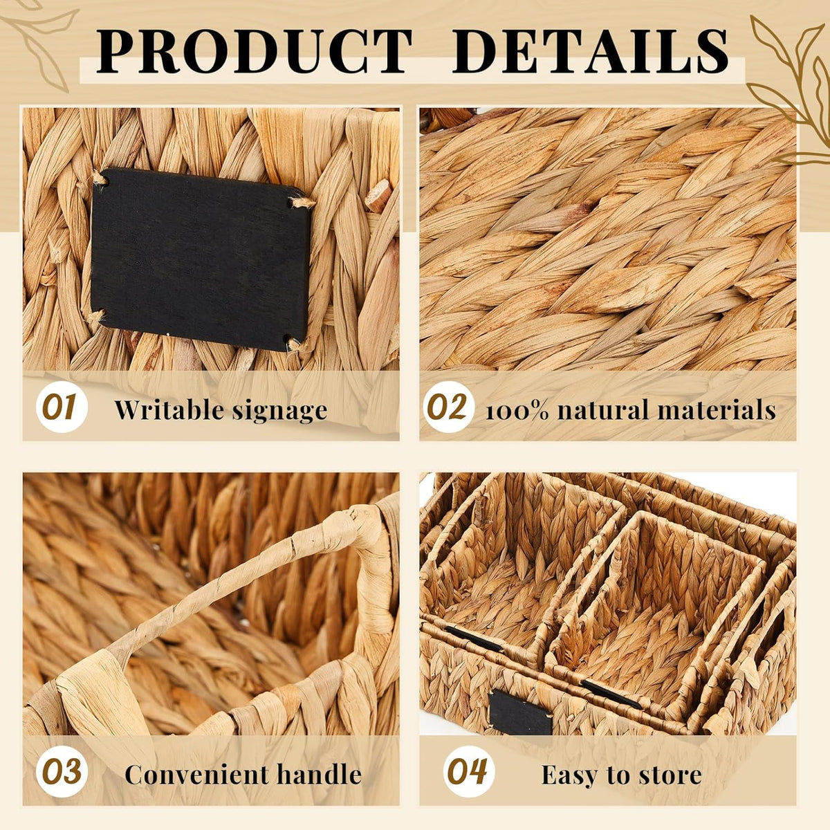 Wonderjune 4 Pcs Water Hyacinth Storage Basket Set Boho Wicker Rattan Pantry Basket with Chalkboard Label Handles Woven Container Kitchen Laundry Large Small for Shelves Food Home Bathroom Decor