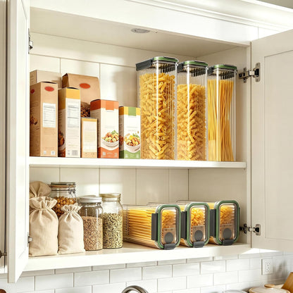 Spaghetti Pasta Storage Containers with Easy-Seal Lid 74oz Set of 3, Airtight Sqaure Food Storage Jar for Noodles, Flour, Oats, Cereal - Multi-Purpose Kitchen & Pantry Organization