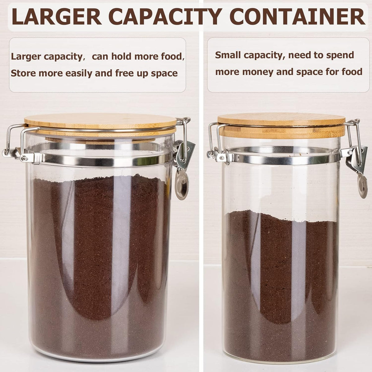 Yangbaga 2Pcs Coffee Sugar Canisters with Shelf, 38OZ Plastics Storage Containers for Ground Coffee Bean Storage with Lid Airtight Locking Clamp and Coffee Scoop, Food Storage Jar for Kitchen