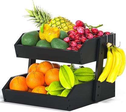Gmtsl Bamboo Fruit Basket for Kitchen – 3 Tier Fruit Bowl For Kitchen Counter, Large Fruit Holder With 2 Banana Hangers, Idea For Fruit and Vegetable Storage, Bread Basket, Snack Organizer(BLACK)