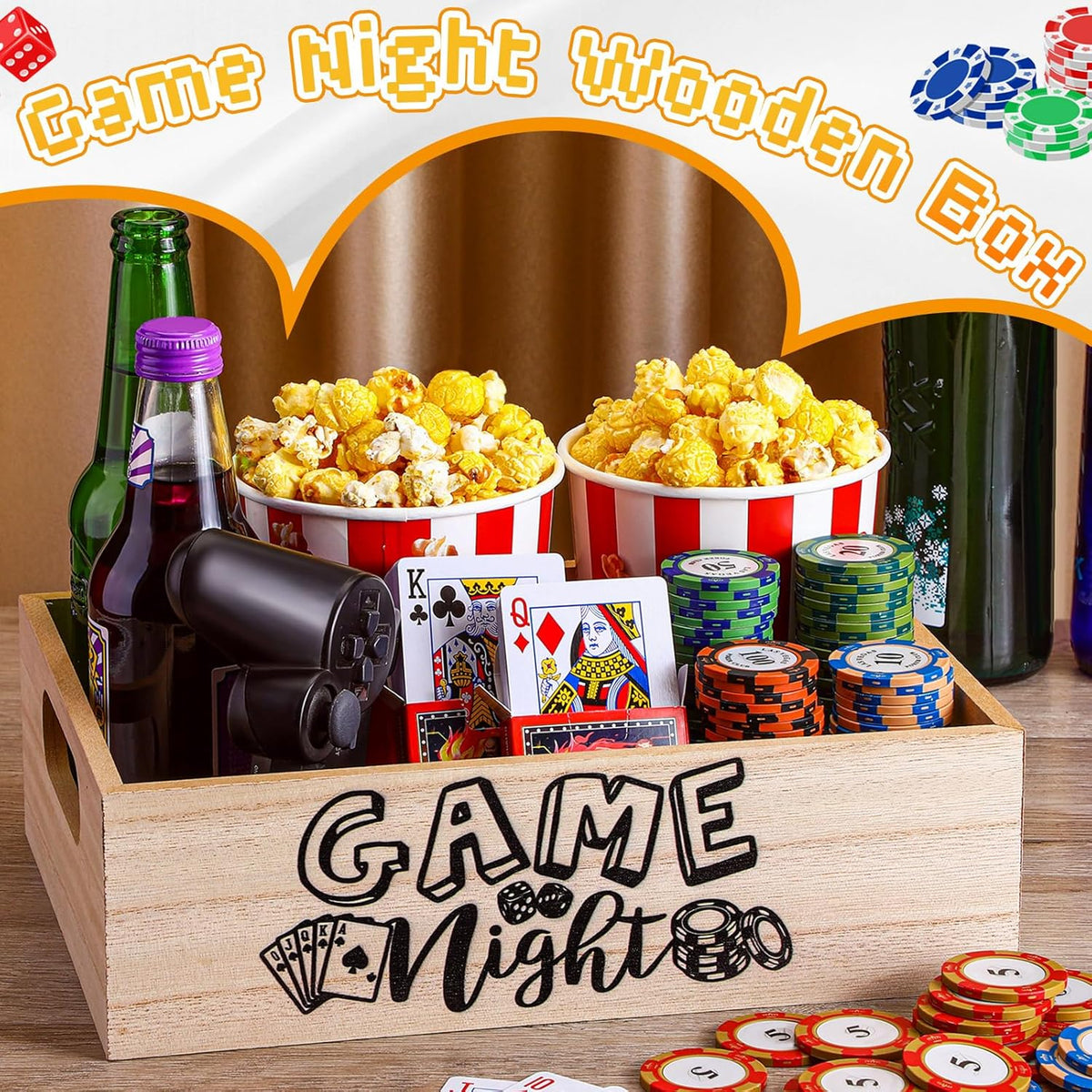 Movie Night Supplies Snack Trays with Handles Reusable Wooden Movie Gift Basket for Theater Popcorn Bucket Bowl Box Container Family Room Decor(Classic Style)
