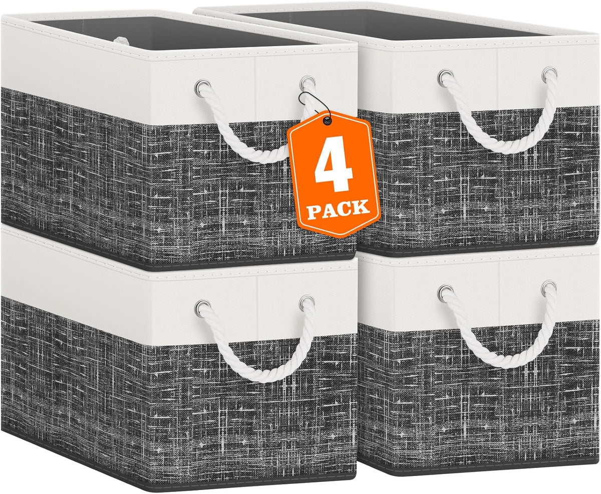 Fab totes Storage Bins, Foldable Storage Baskets for Organizing Toys, Books, Shelves, Closet, Large Storage Box with Rope Handles, Sturdy Organizer Bins, White & Grey