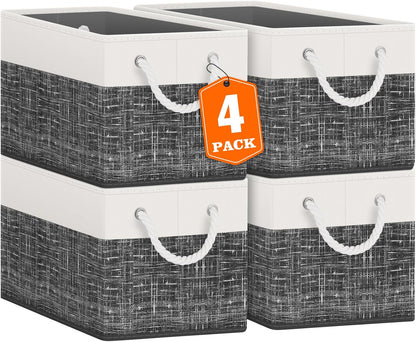 Fab totes Storage Bins, Foldable Storage Baskets for Organizing Toys, Books, Shelves, Closet, Large Storage Box with Rope Handles, Sturdy Organizer Bins, White & Grey