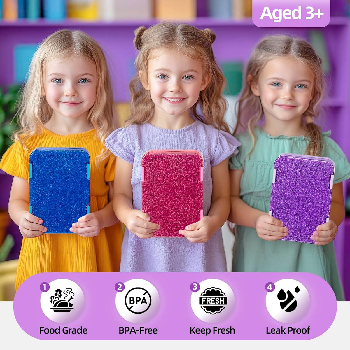 Bento Lunch Box for Kids, 6 Compartments BPA Free, Dishwasher Safe Back to School Snack Bento Lunch Containers Boxes, Ideal Portion Sizes for On-the-Go Meal, Ages 3+, School, Green Patterned
