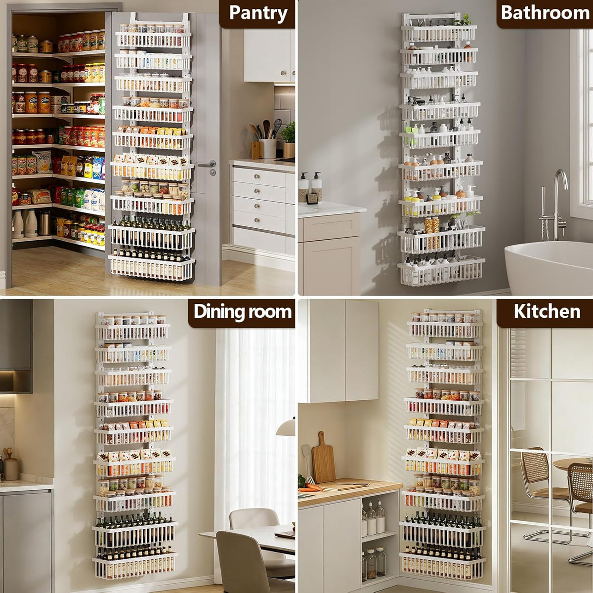 POKIPO 9 Tier Over The Door Pantry Organizer, 2 in 1 Wall Mount or Hanging Spice Rack with Adjustable Deep Basket, Heavy-Duty Seasoning Organizer and Storage for Kitchen Cabinet Closet Bathroom