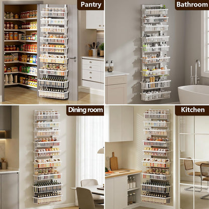 POKIPO 9 Tier Over The Door Pantry Organizer, 2 in 1 Wall Mount or Hanging Spice Rack with Adjustable Deep Basket, Heavy-Duty Seasoning Organizer and Storage for Kitchen Cabinet Closet Bathroom