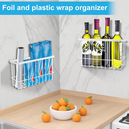 Cabinet Door Organizer Basket 2 Pack, Foil and Plastic Wrap Organizer with 2 Sponges, Lid Organizers Inside Cabinet, Metal Basket for Kitchen Organizers and Storage, Utility, Black (Medium,Large)