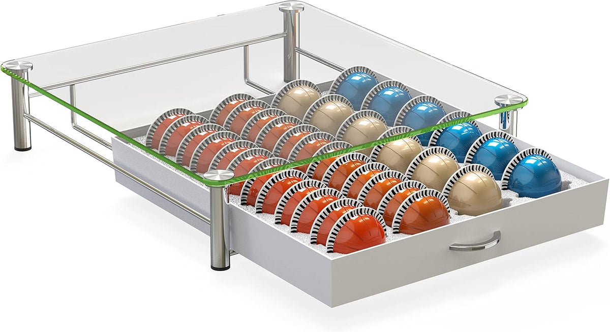 DecoBrothers Crystal Tempered Glass Vertuo Pod Holder Drawer, 24 Large or 48 Small Nespresso Capsule Organizer