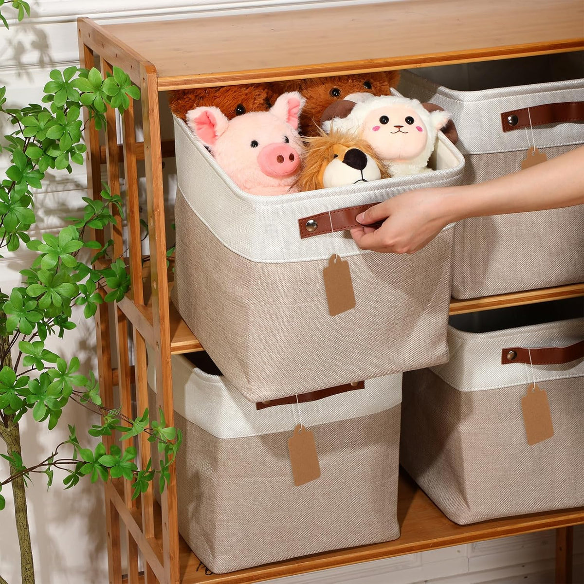 Uiifan 10 Pcs Collapsible Storage Bins Fabric Foldable Storage Basket with Handles Cloth Organizer Linen Shelf Baskets for Shelves Home Closet Nursery Toys(16 x 12 x 10 Inch,Gray and White)