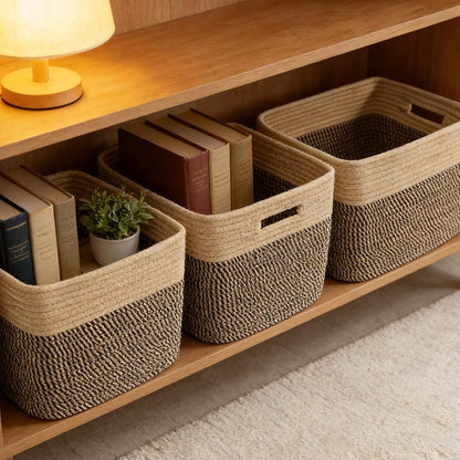 3 Pack Woven Rope Storage Baskets for Shelves,13.5"×11"×9.5" Storage Bins with Handles,Empty Gift Baskets,Nursery Organizer for Toys,Towels,Books,Closet,Living Room,Bedroom (White & Brown)