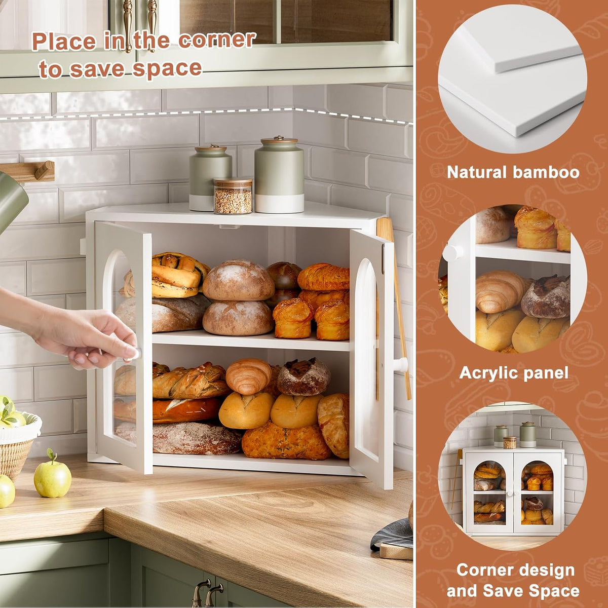 WOWLIVE Corner Bread Box for Kitchen Countertop, 2 Tier Bamboo Bread Storage Container for Homemade Bread with Clear Acrylic Door Panel, Large Bread Bin Farmhouse Breadbox Organizer (Black, Medium)