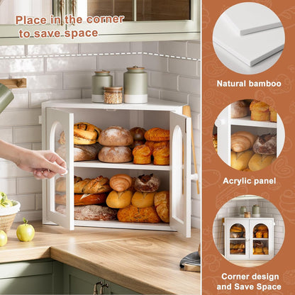 WOWLIVE Corner Bread Box for Kitchen Countertop, 2 Tier Bamboo Bread Storage Container for Homemade Bread with Clear Acrylic Door Panel, Large Bread Bin Farmhouse Breadbox Organizer (Black, Medium)