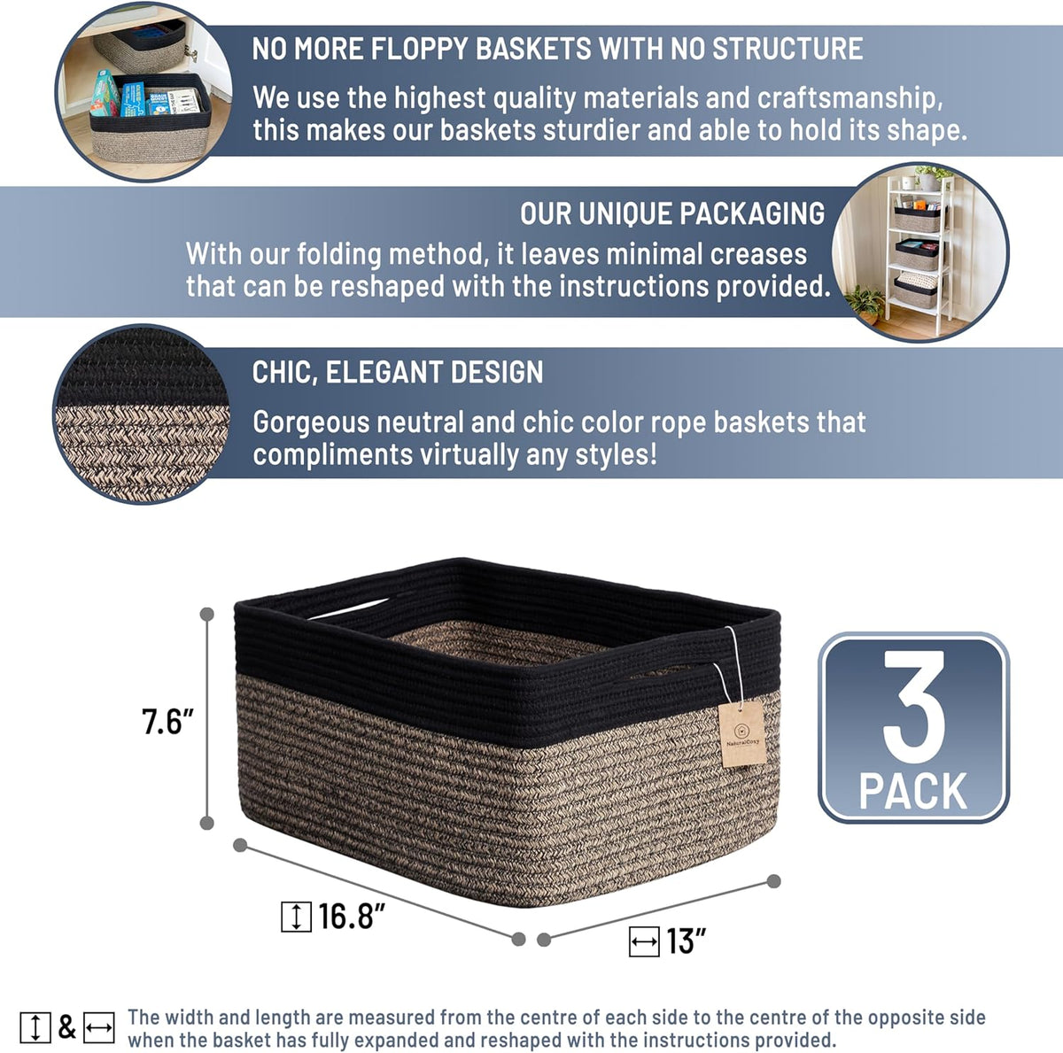 NaturalCozy Storage Baskets 16.8”x13”x7.6” Cotton Rope Woven Baskets for Organizing 3-Pack | Toy Storage Bins | Basket for Shelves, Laundry, Blanket, Clothes, Closet, Kitchen, Bathroom, Gifts