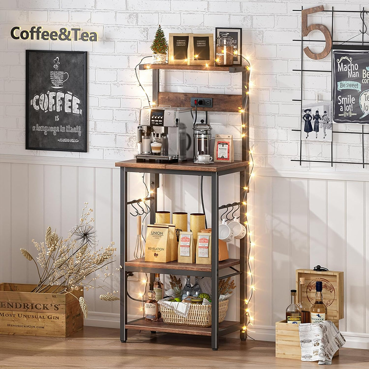 SUPERJARE Kitchen Bakers Rack with Power Outlet, Coffee Bar Table 4 Tiers, Kitchen Microwave Stand with 6 S-shaped Hooks, Storage Shelf Rack for Spices, Pots and Pans - Rustic Brown