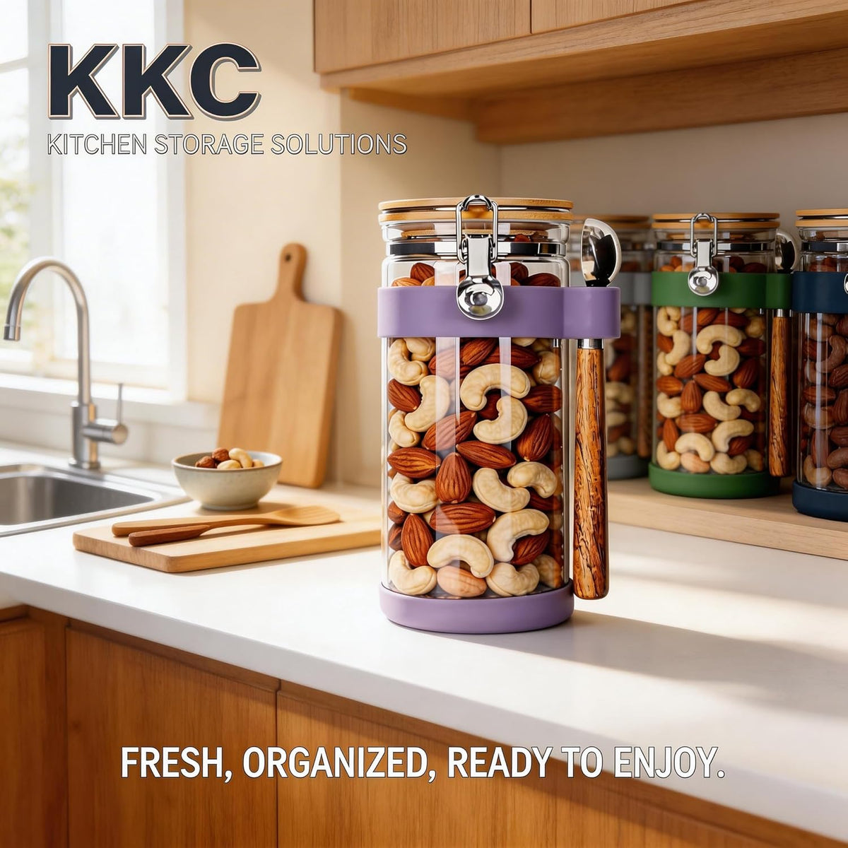 Large Glass Nuts Storage Container, Airtight Food Storage Jar with Bamboo Lid & Scoop, Keeps Nuts Crunchy & Fresh, Perfect for Pantry Organization & Storing Nuts, Almonds, Peanuts - 1.5-Quart