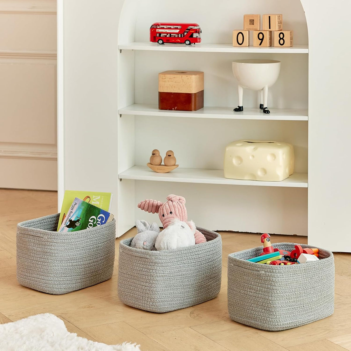 R RUNKA Small Cotton Rope Basket – Storage Bin for Organizing (10.6" x 6.7" x 6.7"), Bathroom Storage Basket for Shelf, Counter & Closet（Beige）
