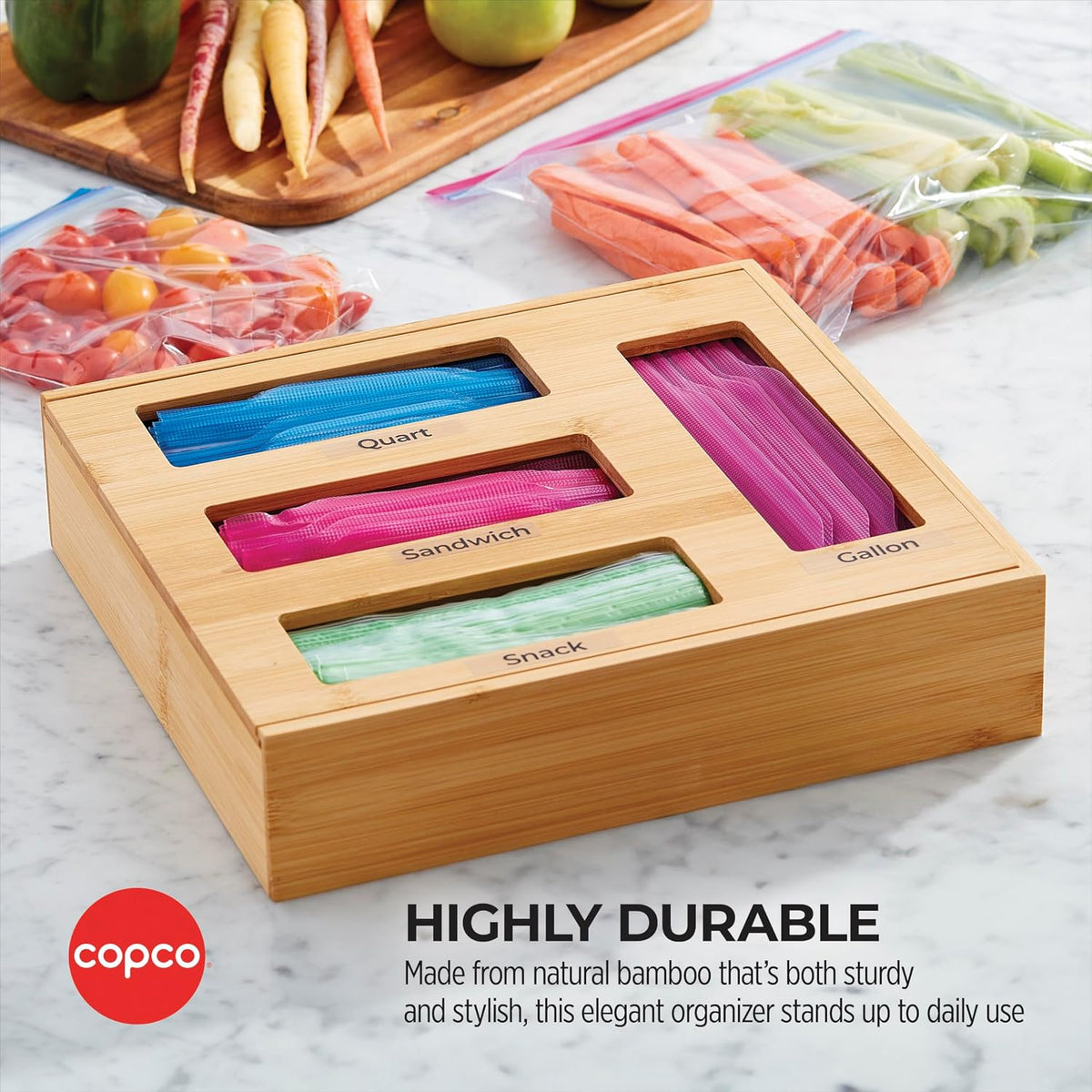 Copco In Drawer or Mounted 4 Compartment Organizer for Plastic, Foil, Wax and Parchment Paper featuring Easy Slide Tabs for Perfect Cut, With 21 Customizable Labels, Bamboo, 13.3 x 11 x 3 Inch