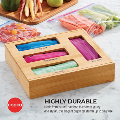 Copco In Drawer or Mounted 4 Compartment Organizer for Plastic, Foil, Wax and Parchment Paper featuring Easy Slide Tabs for Perfect Cut, With 21 Customizable Labels, Bamboo, 13.3 x 11 x 3 Inch