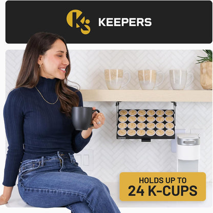 COFFEEKEEPERS KEEPERS Under Cabinet K Cup Holder with Swing-Down Access – Space-Saving Coffee Pod Holder and K Cup Organizer for 24 Pods – Steel Coffee Pod Organizer with Easy DIY Installation
