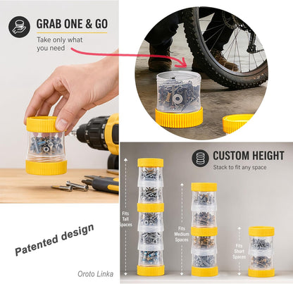 Small Footprint Stackable Screw Container, Stack Any Number & Grab Only the Cup You Need, 12 Cups & 9 Lids Modular Small Parts Storage Containers for Screws, Nuts, Bolts & Fasteners, Oroto Linka
