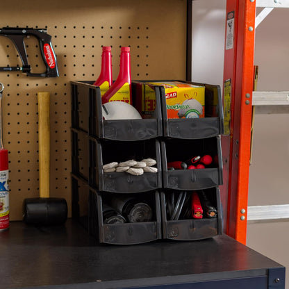 IRIS USA Medium Stackable Storage Bins, 11" L x 6" W x 5" H |Made in USA| Plastic Open Front Shelf Bin for Organizing Parts, Hardware, Tools, Supplies, Garage Shelf, Pantry - Black