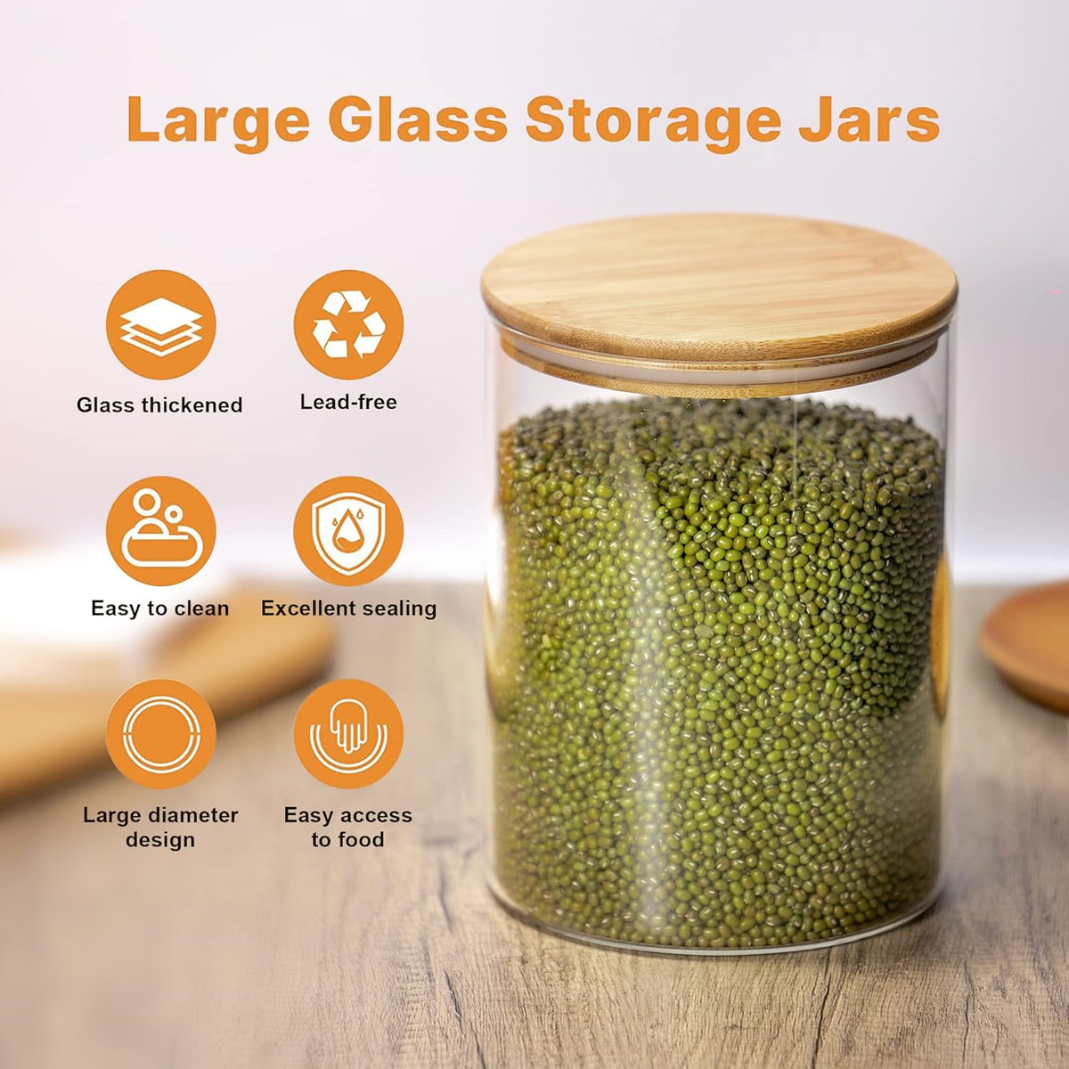 YUNCANG Glass Storage Jars 6 Pack 37oz Clear Glass Food Storage Containers with Airtight Bamboo Lid Stackable Kitchen Canisters for Candy,Cookie,Rice,Sugar,Flour,Pasta,Nuts and Spice Jars(Square)