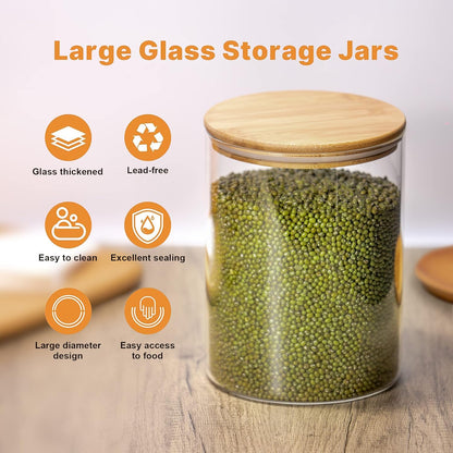 YUNCANG Glass Storage Jars 6 Pack 37oz Clear Glass Food Storage Containers with Airtight Bamboo Lid Stackable Kitchen Canisters for Candy,Cookie,Rice,Sugar,Flour,Pasta,Nuts and Spice Jars(Square)