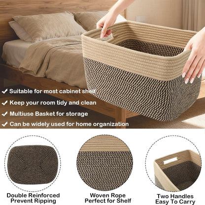 3 Pack Woven Rope Storage Baskets for Shelves,13.5"×11"×9.5" Storage Bins with Handles,Empty Gift Baskets,Nursery Organizer for Toys,Towels,Books,Closet,Living Room,Bedroom (White & Brown)