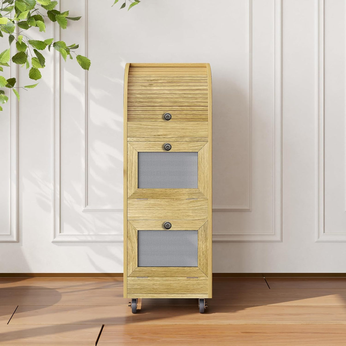 Movable Potato and Onion Storage Box with Wheels,Wooden Vegetable Storage Box,Food Storage Room with Grocery Area,Sliding Design,Modern Farmhouse Style，Suitable for Kitchen (potato bin-Walnut-02)