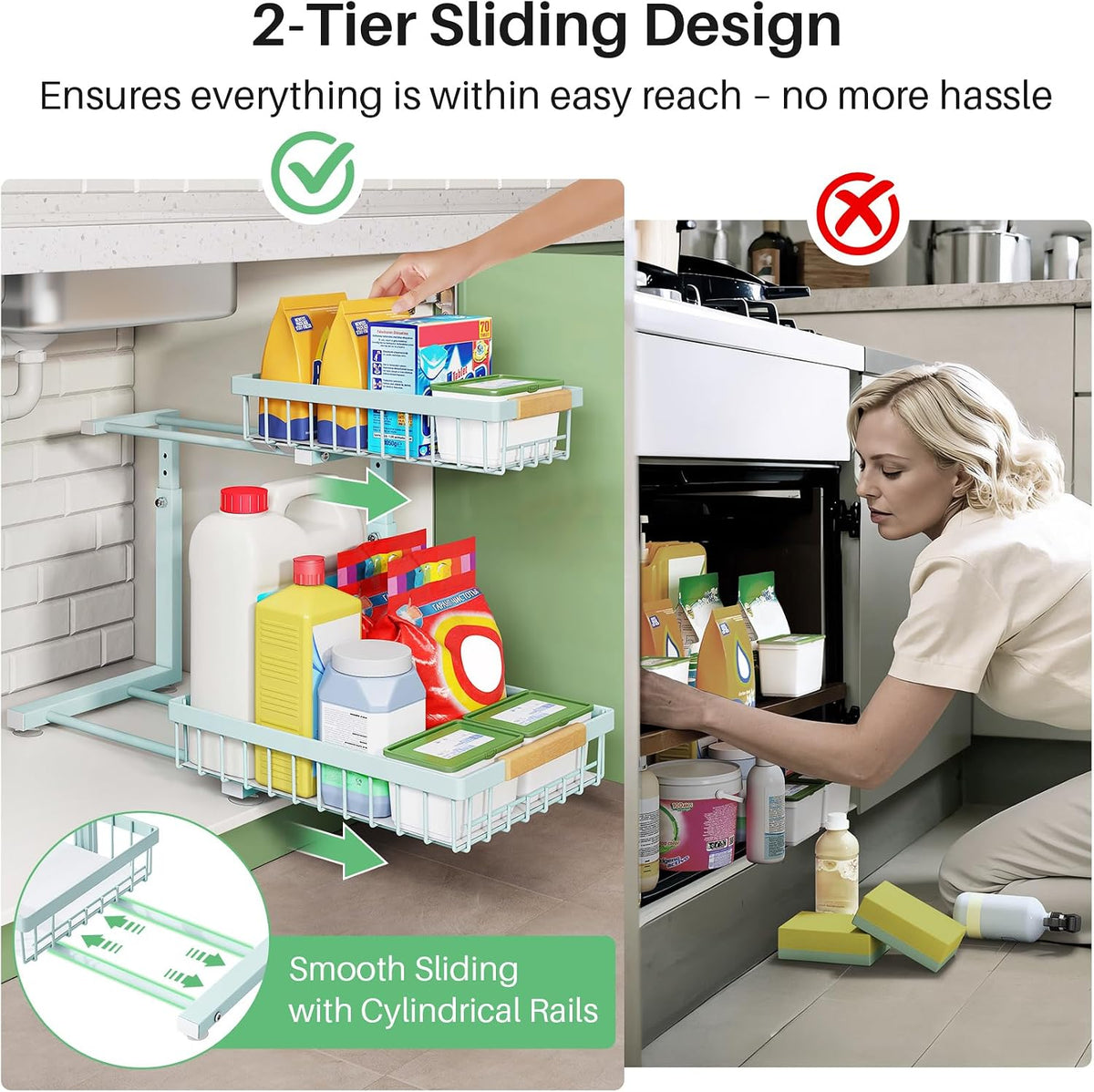 Kitstorack Under Sink Organizer, 2 Tier Under the Sink Storage, Slide out Pull out Cabinet Organizer Shelf, Metal Sliding Drawer for Kitchen Bathroom Pantry Closet Organization Rack, Black