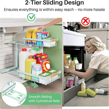Kitstorack Under Sink Organizer, 2 Tier Under the Sink Storage, Slide out Pull out Cabinet Organizer Shelf, Metal Sliding Drawer for Kitchen Bathroom Pantry Closet Organization Rack, Black