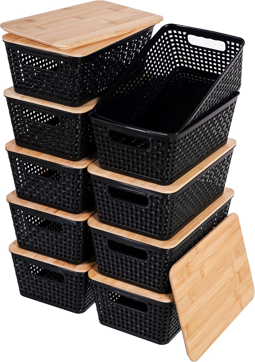 Small Storage Bins with Lids 6 Packs, Plastic Storage Basket with Bamboo Lid for Pantry Organization and Storage Containers for Shelves Drawers Desktop Closet Playroom Office Home, White