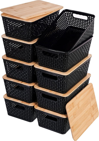 Small Storage Bins with Lids 6 Packs, Plastic Storage Basket with Bamboo Lid for Pantry Organization and Storage Containers for Shelves Drawers Desktop Closet Playroom Office Home, White