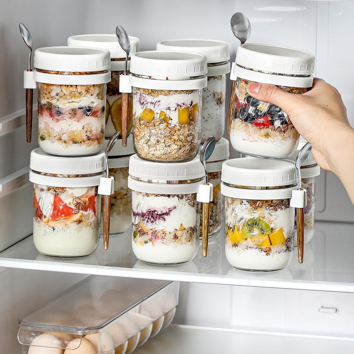 4 Pack Overnight Oats Containers with Lids and Spoons, 16 oz Glass Mason Jars with Airtight Lids, Overnight Oats Jars for Milk, Cereal, Fruit