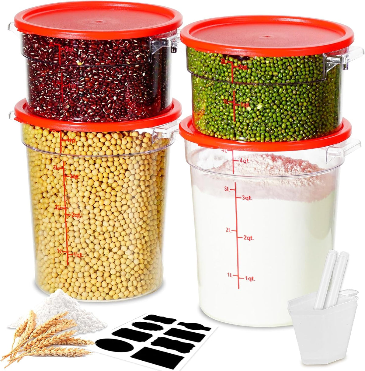 4QT NSF Food Storage Containers: 8 PCS [Food Grade][Hot&Cold Resistant] Commercial Clear Food Storage Containers with Lids for Restaurant Kitchen Proof Dough, Measuring Spoons Included(BPA FREE) - Colors A