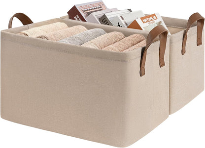 CHICVITA Large Storage Baskets for Shelves, Fabric Storage Bins with Metal Frame, Closet Organizers and Storage Boxes for Clothes Toy, Beige
