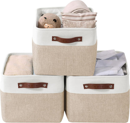 DECOMOMO Storage Bins, Large Fabric Storage Baskets for Shelves, Decorative Linen Closet Organizer, 15 x 11 x 9.5 inches (Beige & White, 3 Pack)