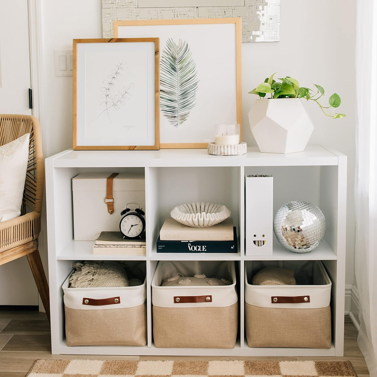 OrganiHaus 12x8in Canvas Storage Baskets 3 Pack | SMALL Fabric Bins for Shelves | Pantry & Bathroom Organizer | Beige/Off-White